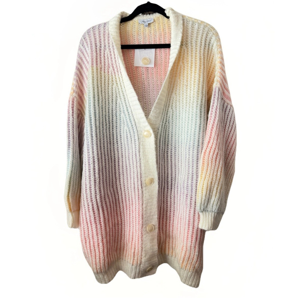 Petal Dew Cardigan Womens Large Pastel Rainbow Cozy Chunky Knit Button Front